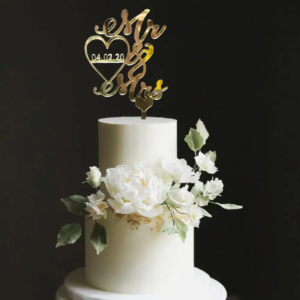 Mr and Mrs Wedding Date Cake Topper-Gold